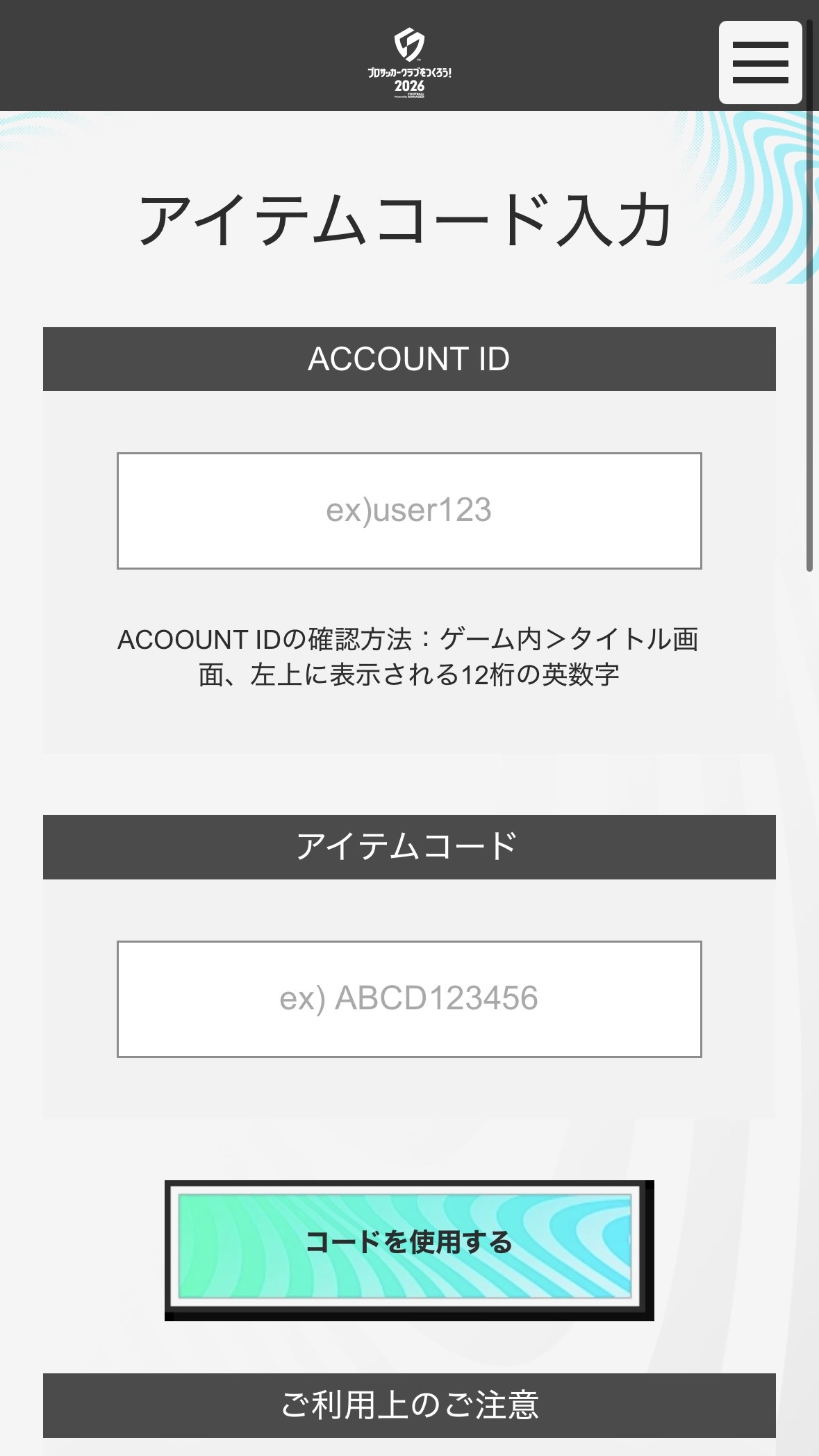 アイテムコード入力ページ