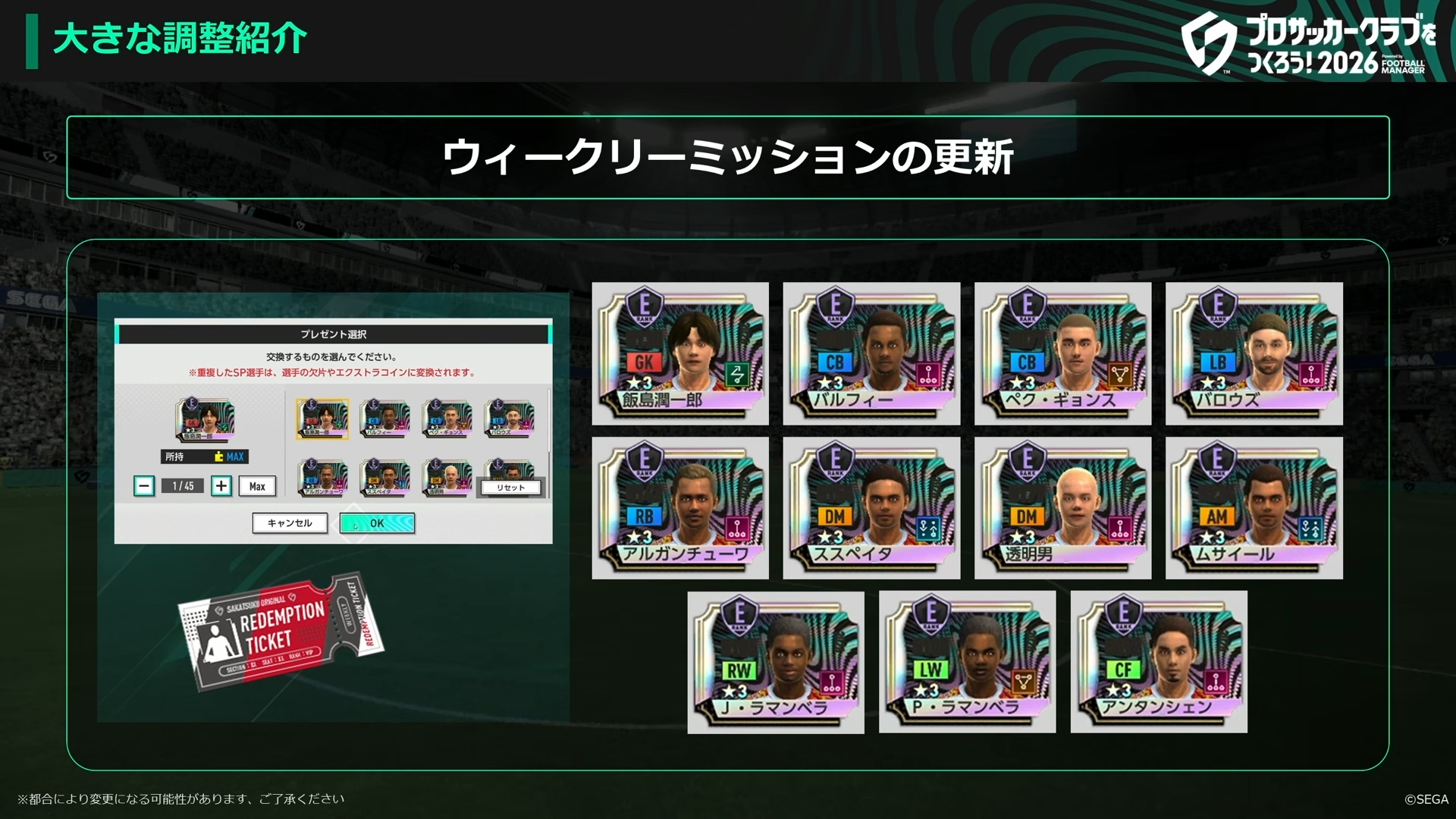 ウィークリーミッションで獲得できるSP選手候補